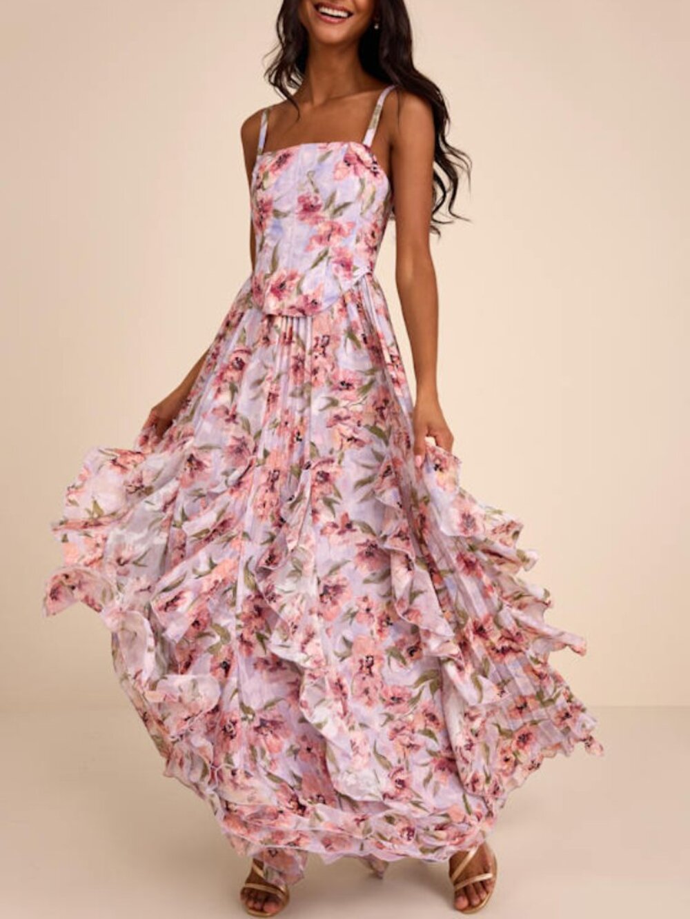 Lulus Hensley Lavender Multi Floral Bustier Maxi Dress Purple - Size M - Picture 1 of 2